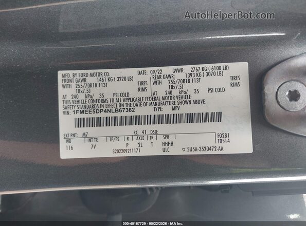 1FMEE5DP4NLB67362 2022 FORD BRONCO Gray Շարժիչի բաժամունքի տեսք