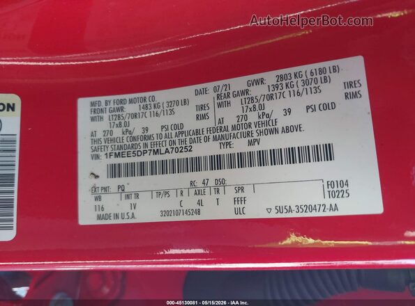 1FMEE5DP7MLA70252 2021 FORD BRONCO Красный Вид подкапотного пространства