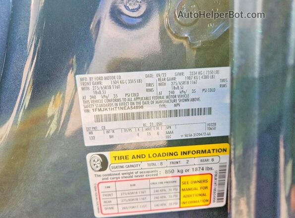 1FMJK1HT1NEA54898 2022 FORD EXPEDITION Угольный Вид наклейки с VIN-кодом