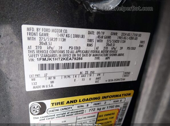 1FMJK1HT2KEA79286 2019 FORD EXPEDITION MAX Серый Вид подкапотного пространства