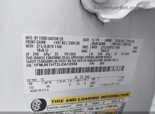 1FMJK1HT2LEA12558 2020 FORD EXPEDITION White Շարժիչի բաժամունքի տեսք
