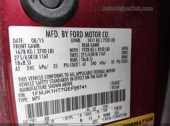 1FMJK1HT7GEF05741 2016 FORD EXPEDITION EL Maroon Widok komory silnika