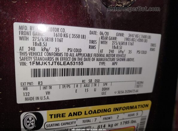1FMJK1JT6LEA53155 2020 FORD EXPEDITION Maroon Widok komory silnika