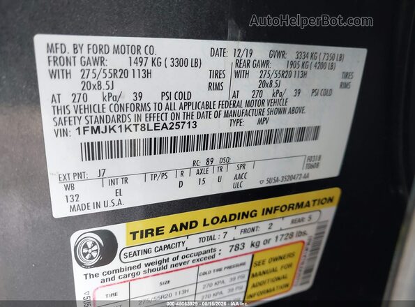 1FMJK1KT8LEA25713 2020 FORD EXPEDITION Black ძრავის განყოფილების ხედი