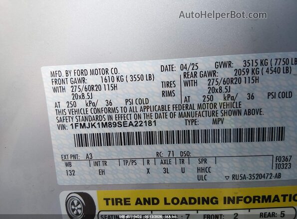 1FMJK1M89SEA22181 2025 FORD EXPEDITION White Widok komory silnika