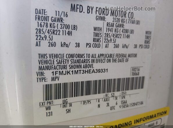 1FMJK1MT3HEA39331 2017 FORD EXPEDITION EL White Вид підкапотного простору