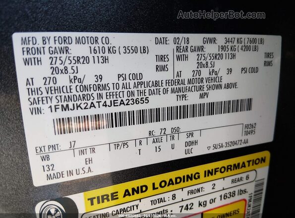 1FMJK2AT4JEA23655 2018 FORD EXPEDITION MAX Серый Вид подкапотного пространства