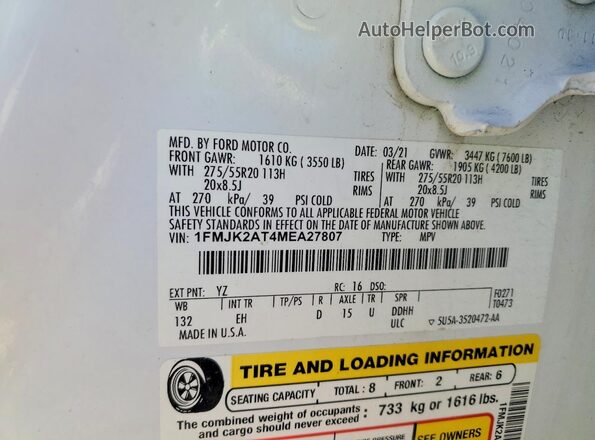 1FMJK2AT4MEA27807 2021 FORD EXPEDITION White Вид наклейки з VIN-кодом