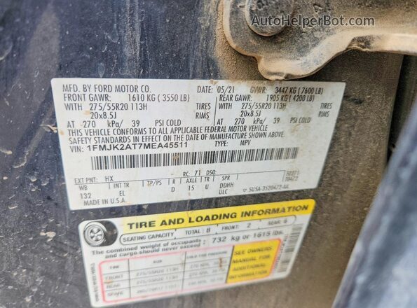 1FMJK2AT7MEA45511 2021 FORD EXPEDITION Blue VIN կոդի պիտակի տեսք