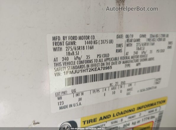 1FMJU1HT2KEA70985 2019 FORD EXPEDITION White 