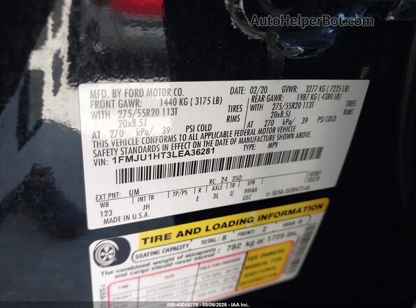 1FMJU1HT3LEA36281 2020 FORD EXPEDITION Black Engine compartment view