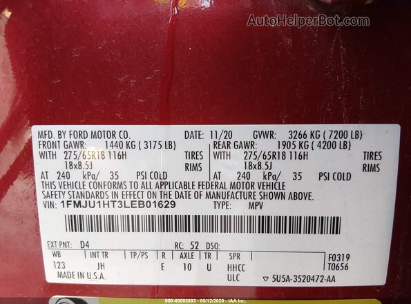 1FMJU1HT3LEB01629 2020 FORD EXPEDITION Red Vista del compartimento del motor
