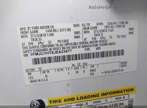 1FMJU1HT8JEA23877 2018 FORD EXPEDITION White 