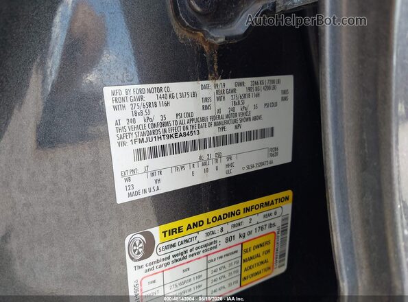 1FMJU1HT9KEA84513 2019 FORD EXPEDITION Gray Vista del compartimento del motor