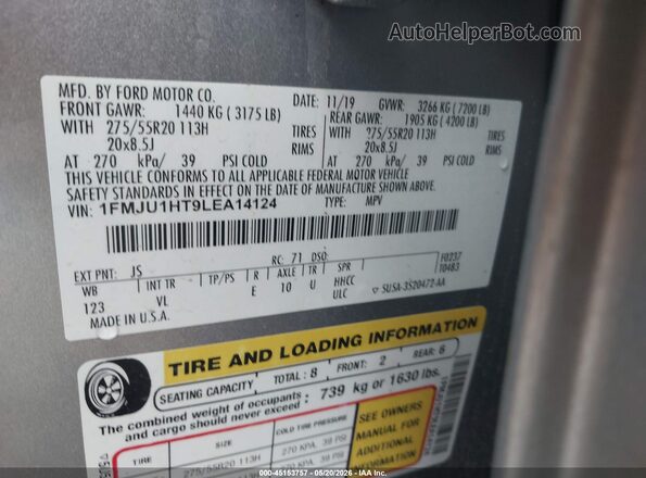 1FMJU1HT9LEA14124 2020 FORD EXPEDITION Silver Widok komory silnika