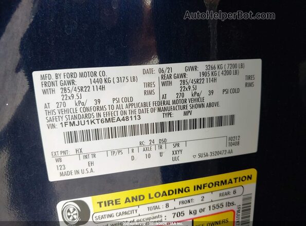 1FMJU1KT6MEA48113 2021 FORD EXPEDITION Dark Blue 