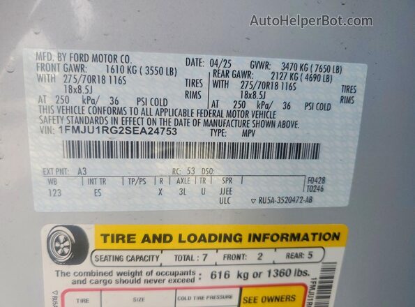 1FMJU1RG2SEA24753 2025 FORD EXPEDITION Gray VIN კოდის სტიკერის ხედი