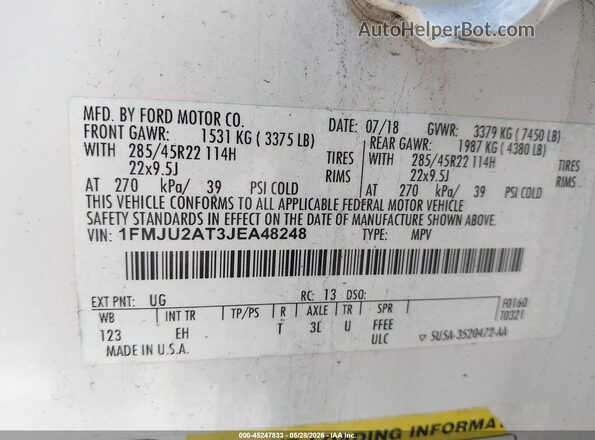 1FMJU2AT3JEA48248 2018 FORD EXPEDITION White ძრავის განყოფილების ხედი