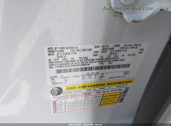 1FMJU2AT4KEA36014 2019 FORD EXPEDITION White Вид підкапотного простору