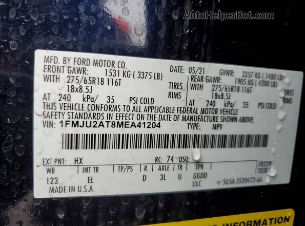 1FMJU2AT8MEA41204 2021 FORD EXPEDITION Blue VIN sticker view