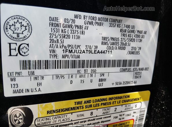 1FMJU2AT9LEA44711 2020 FORD EXPEDITION Black Շարժիչի բաժամունքի տեսք