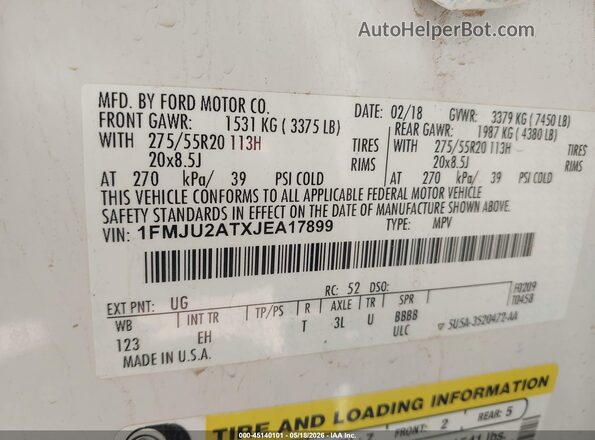 1FMJU2ATXJEA17899 2018 FORD EXPEDITION White Engine compartment view