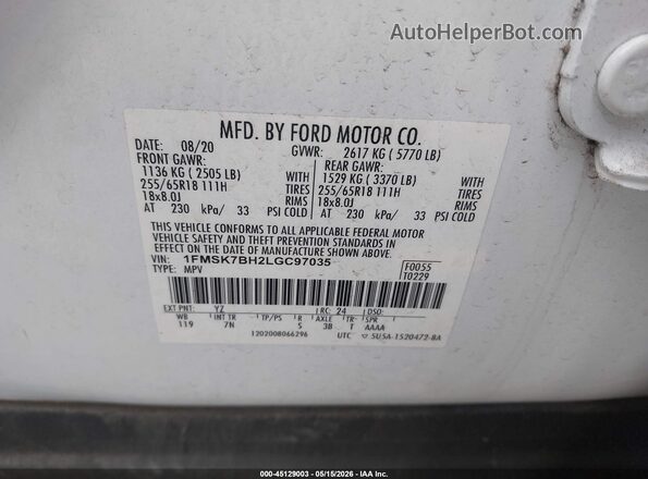 1FMSK7BH2LGC97035 2020 FORD EXPLORER White ძრავის განყოფილების ხედი
