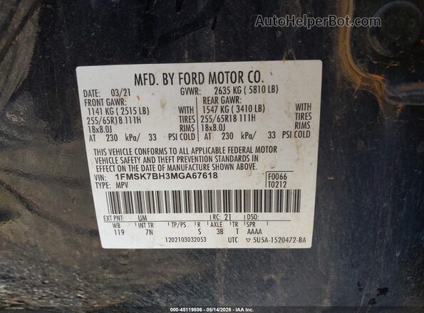 1FMSK7BH3MGA67618 2021 FORD EXPLORER Black Вид підкапотного простору