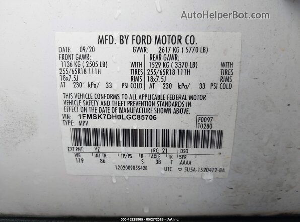 1FMSK7DH0LGC85706 2020 FORD EXPLORER White Շարժիչի բաժամունքի տեսք