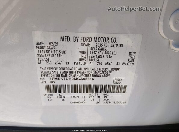 1FMSK7DH0MGA95616 2021 FORD EXPLORER White Widok komory silnika