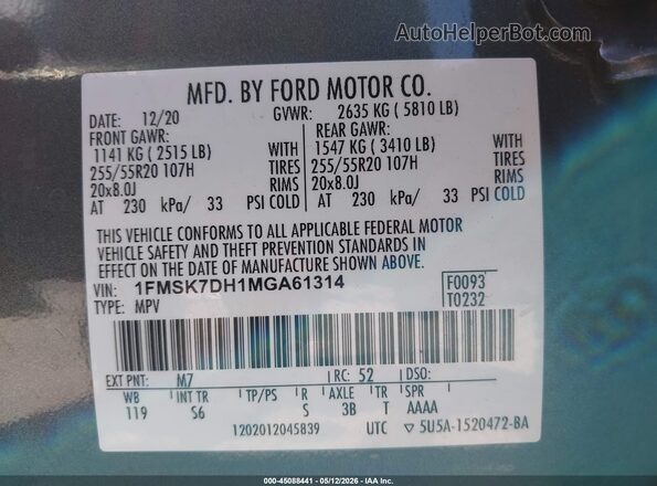 1FMSK7DH1MGA61314 2021 FORD EXPLORER Gray 