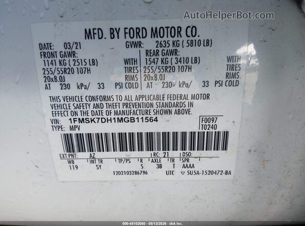 1FMSK7DH1MGB11564 2021 FORD EXPLORER White Вид підкапотного простору