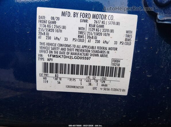 1FMSK7DH2LGD05597 2020 FORD EXPLORER Синий Вид подкапотного пространства