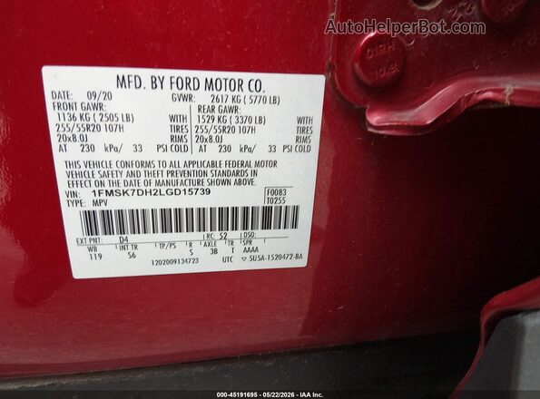 1FMSK7DH2LGD15739 2020 FORD EXPLORER Red Engine compartment view