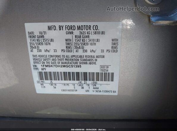 1FMSK7DH2MGC51395 2021 FORD FORD EXPLORER Silver ძრავის განყოფილების ხედი