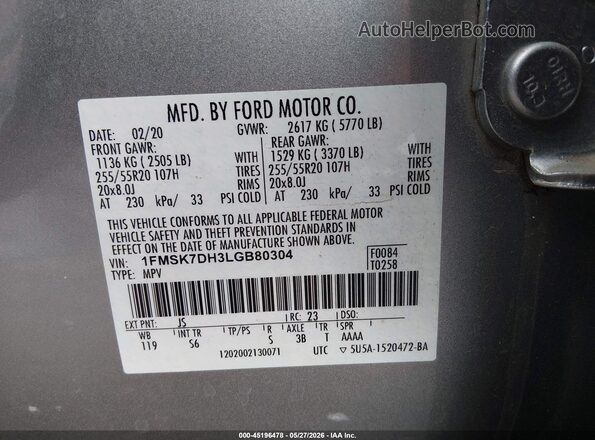 1FMSK7DH3LGB80304 2020 FORD EXPLORER Silver Вид підкапотного простору