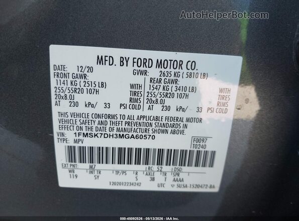 1FMSK7DH3MGA60570 2021 FORD EXPLORER Gray Widok komory silnika