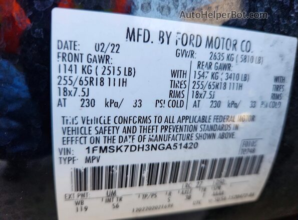 1FMSK7DH3NGA51420 2022 FORD EXPLORER Black VIN კოდის სტიკერის ხედი