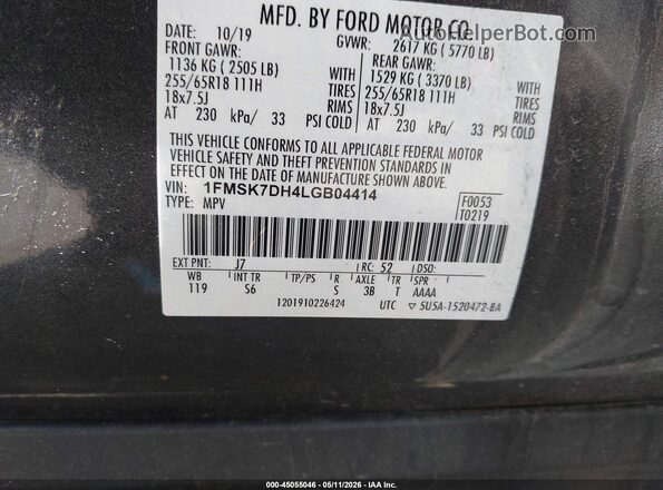 1FMSK7DH4LGB04414 2020 FORD FORD EXPLORER Gray Vista del compartimento del motor
