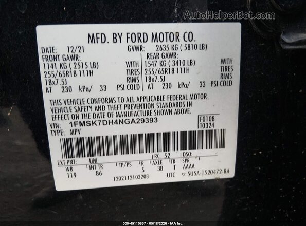 1FMSK7DH4NGA29393 2022 FORD EXPLORER Black Engine compartment view