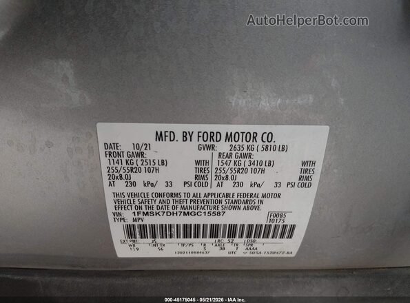 1FMSK7DH7MGC15587 2021 FORD EXPLORER Silver Շարժիչի բաժամունքի տեսք
