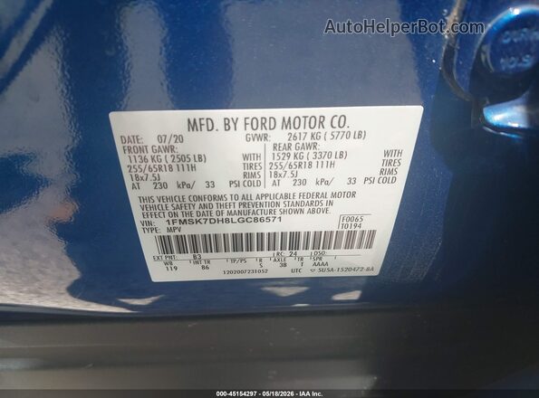 1FMSK7DH8LGC86571 2020 FORD EXPLORER Blue Vista del compartimento del motor