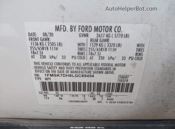 1FMSK7DH8LGC89454 2020 FORD FORD EXPLORER White 