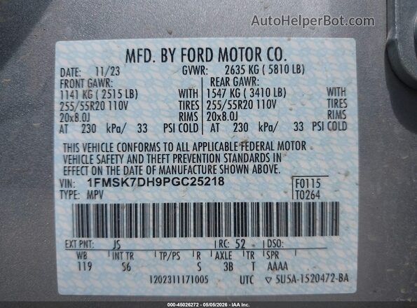 1FMSK7DH9PGC25218 2023 FORD FORD EXPLORER Gray Widok komory silnika
