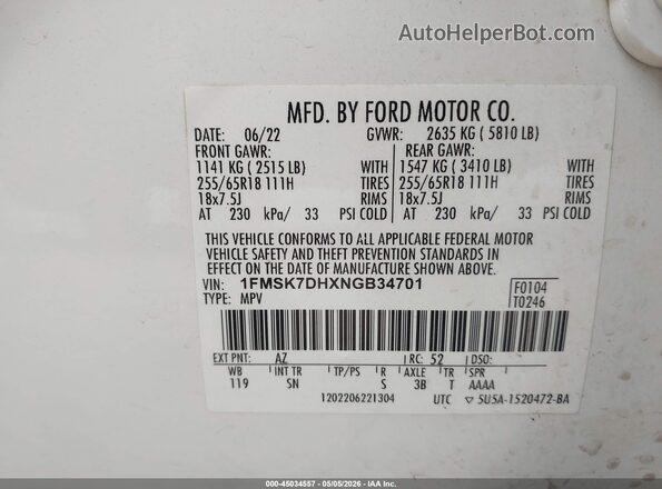 1FMSK7DHXNGB34701 2022 FORD FORD EXPLORER White Engine compartment view