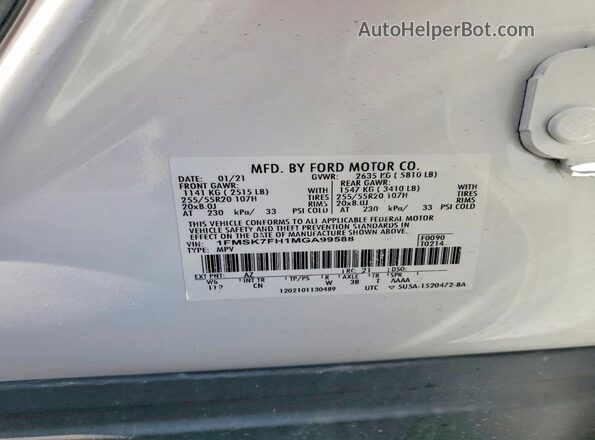 1FMSK7FH1MGA99588 2021 FORD EXPLORER White 