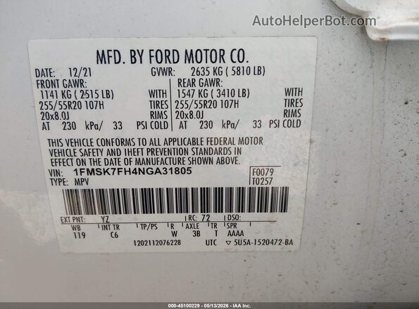 1FMSK7FH4NGA31805 2022 FORD EXPLORER White Vista del compartimento del motor