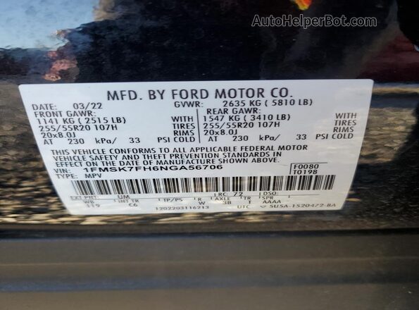 1FMSK7FH6NGA56706 2022 FORD EXPLORER Black VIN sticker view