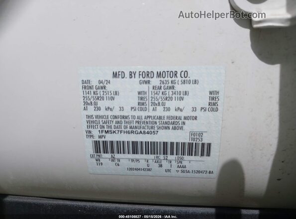 1FMSK7FH6RGA84057 2024 FORD EXPLORER White ძრავის განყოფილების ხედი