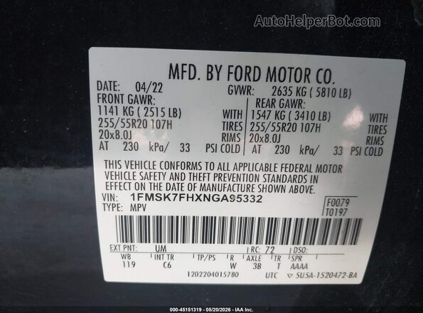 1FMSK7FHXNGA95332 2022 FORD EXPLORER Black Vista del compartimento del motor